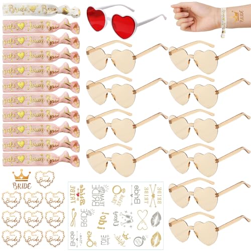 34 Stück Jga Brille Team Braut Armbänder,Partybrille Herz Sonnenbrille,Hippie Herzförmige Brille,Bride to Be Herz Brille Set,Party Sonnenbrille Team Bride,JGA Deko Accessoires mit Tattoo Aufkleber von Shengruili