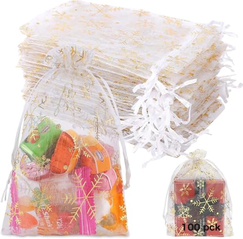 Shengruili 100 Stück Organzasäckchen Weihnachten,13x18 cm Geschenksäckchen,Organza Säckchen mit Kordelzug,Weiß Schneeflocke Weihnachten Organzabeutel für Weihnachten Geschenk Paket Deko von Shengruili