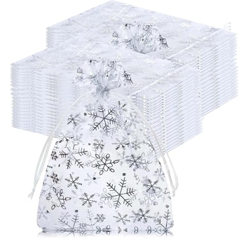 Shengruili 100 Stück Organzasäckchen Weihnachten,13x18 cm Geschenksäckchen,Organza Säckchen mit Kordelzug,Weiß Schneeflocke Weihnachten Organzabeutel für Weihnachten Geschenk Paket Deko von Shengruili