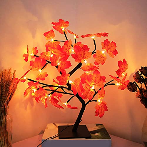 Shengruili 24 LED Ahornblatt Baum Licht,50cm Schreibtisch Ahorn-Blätter Baumlicht Warmweiß,Herbstdeko Blätter Lichterketten,für Party,Halloween,Erntedankfest,Hochzeit,Weihnachten,Innen Deko von Shengruili