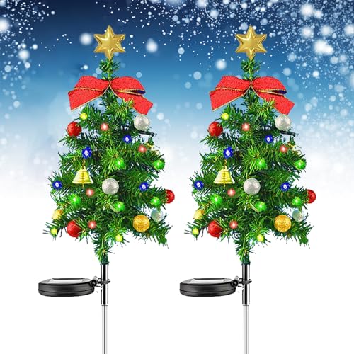 Shengruili Solar Weihnachtsbaum,2 Stück Weihnachts Baum mit LEDLichterketten,IP65 Wasserdicht Weihnachtsbeleuchtung Außen,Solar Weihnachtsbaum Gartenleuchten,Mini Weihnachtsbaum für Weg,Rasen,Garten von Shengruili