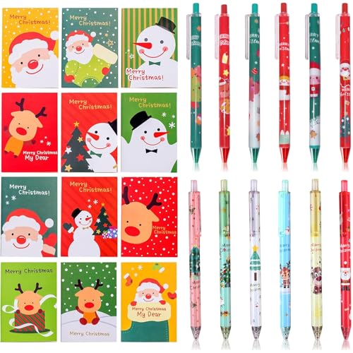 Weihnachten Schreibwaren Set,12 Mini Notizblock Weihnachten,12 Weihnachts Kugelschreiber Cartoon,Weihnachtsgeschenke für Mitschüler und Kinder von Shengruili