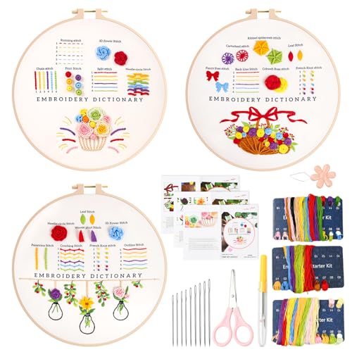 Shengxi 3 Stück Stickset für Anfänger Embroidery Kit Blumenmuster Sticken für Erwachsene Ausnähkarten Anfänger mit Stickrahmen, Anleitung und Werkzeuge Kreuzstich Set für DIY Handwerk von Shengxi