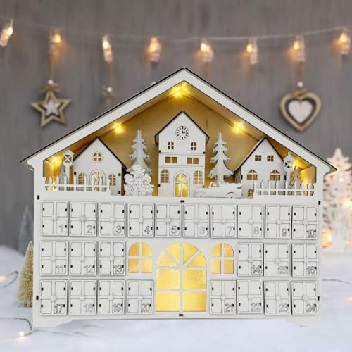 Weihnachts-Adventskalender aus Holz mit LED-Licht – Weihnachts-Adventskalender aus Holz mit 24 Schubladen, Holz-Countdown bis zum Weihnachtskalender, 24 nummerierte Schubladen für Weihnachten von Shenrongtong