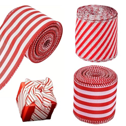 Weihnachtsband mit Draht für Kränze, 3 Rollen Weihnachts-Süßigkeiten-Geschenkband – Weihnachtsbaum-Bastelband, 4,5 m pro Rolle, Glitzer-Juteband zum Verpacken von Kranz von Shenrongtong