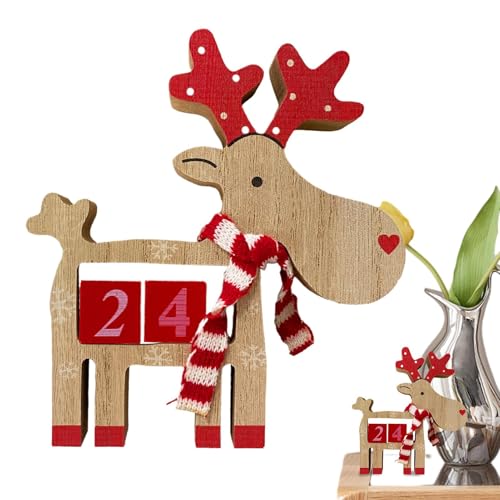 Weihnachtskalender aus Holz, Elchfigur aus Holz - Weihnachten Elch Statue Kalender Dekor,Hölzerner dreidimensionaler Kalender mit Zahlen-Adventskalender für zu Hause von Shenrongtong