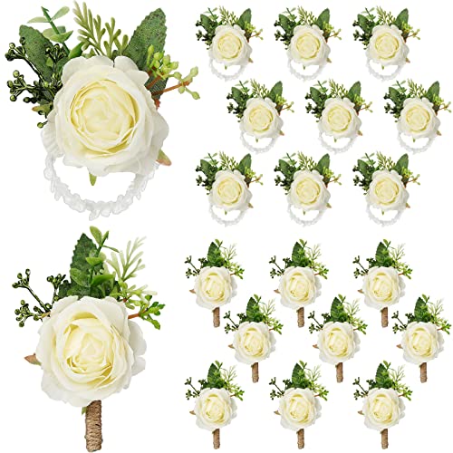 20 Stück Rosen-Handgelenk-Ansteckblume und Boutonnier-Set, Blume, Handgelenk, Anstecknadel, Armband, Bräutigam, Herren-Boutonniere, Hochzeit, für Abschlussball, Party, Blumensträuße, Zubehör (weiß) von Sherr