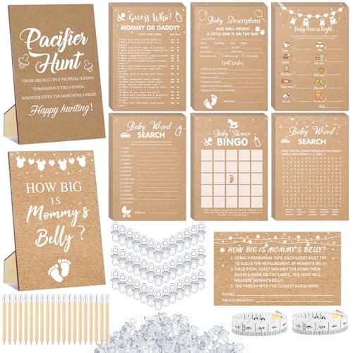 Sherr 424 Stück Kraftpapier Babyparty-Spiele, 6 Sets, 300 Aktivitätskarten, 1 Schnullerjagd-Schild, 50 Acryl-Schnuller, 1 How Big Is Mommy's Belly Zeichen, 50 Ratekarten, 2 Klebebänder, 20 Bleistifte von Sherr