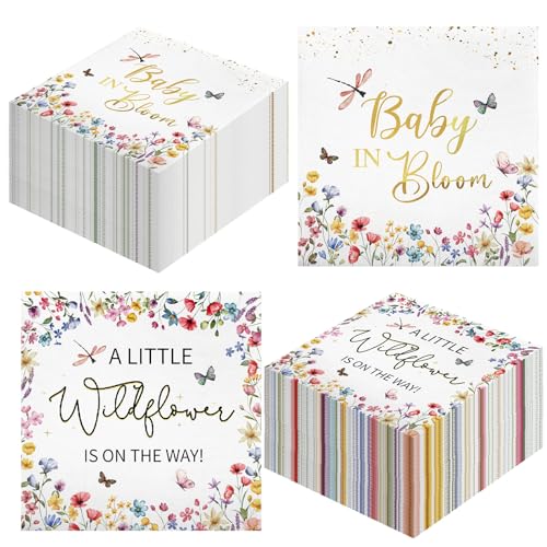 Sherr Einweg-Servietten mit Wildblumenmotiv, 3-lagig, Goldfolie, Einweg-Servietten, "A Little Wildflower Is on the Way", Einweg-Servietten für Babyparty, Party-Dekoration, 100 Stück von Sherr