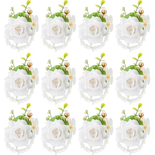 Sherr Set mit 12 Rosen-Handgelenk-Ansteckblumen für Hochzeit, Handgelenk, Blume, Braut, Rose, Blatt, Handblumen für Braut, Brautjungfer, Abschlussball, Verlobung, Festival, Weiß von Sherr