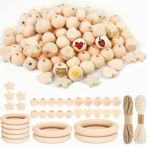 Sheryl&Rain 131 Stück Holzperlen Makramee Set, DIY Holzringe zum Basteln,Holzkugeln mit Loch Kit Enthält 120 Holzperlen Natur,9 Holzringe Makramee Zubehör für DIY Schmuck Herstellung mit Bastelseilen von Sheryl&Rain