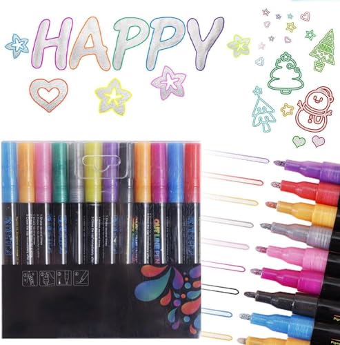 Shibeikadi Marker Stift für Highlight, 2024 Neue Doppellinie Selbstumriss Marker Pen Set Glitter Gel Sparkle Marker zum Zeichnen, Grußkarten, Weihnachtsgeschenke (12 Stück) von Shibeikadi