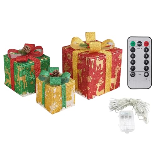 Shienfir Beleuchtete Boxen für den Außenbereich, 3-teiliges Set, Dekorationen, LED-Lichterkette mit Fernbedienung, Schleifen, Weihnachtsgeschenk für Party, Gelb / Rot von Shienfir