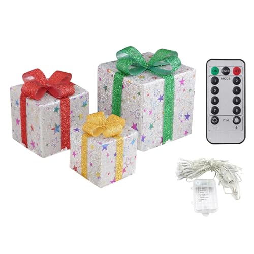 Shienfir Beleuchtete Boxen für den Außenbereich, 3-teiliges Set, Dekorationen, LED-Lichterkette mit Fernbedienung, Schleifen, Weihnachtsgeschenk für Party, Silber von Shienfir