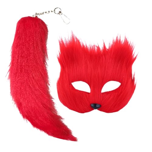 Shienfir Fuchs Katze Kostüm Zubehör Junge Männer Frauen Cosplay Geschenke Furry Fox Gesicht Kissen Schwanz Set Cosplay Zubehör für Maskerade Halloween Party Rot von Shienfir