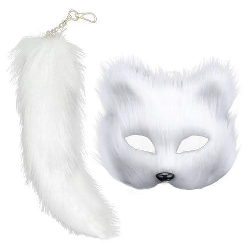 Shienfir Fuchs Katze Kostüm Zubehör Junge Männer Frauen Cosplay Geschenke Furry Fox Gesicht Kissen Schwanz Set Cosplay Zubehör für Maskerade Halloween Party Weiß von Shienfir