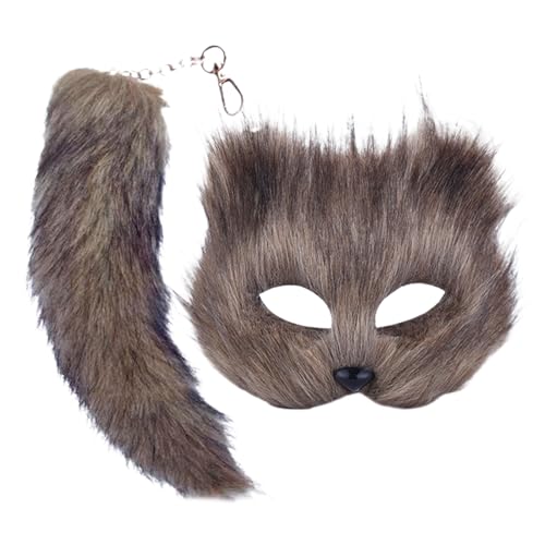 Shienfir Fuchs Katze Kostüm Zubehör Junge Männer Frauen Cosplay Geschenke Pelzige Fuchs Gesicht Kissen Schwanz Set Cosplay Zubehör für Maskerade Halloween Party Grau von Shienfir