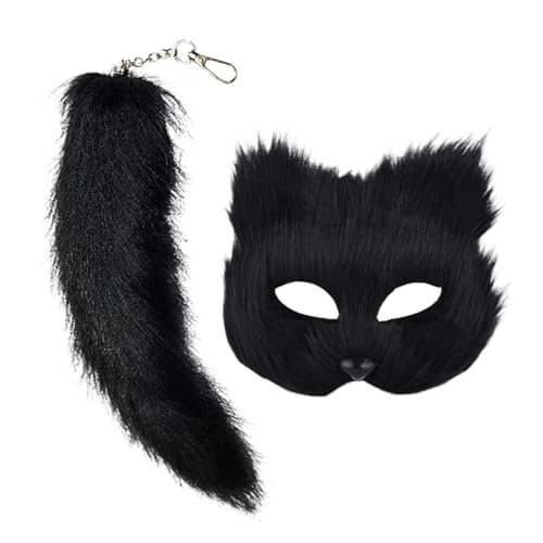 Shienfir Fuchs Katze Kostüm Zubehör Junge Männer Frauen Cosplay Geschenke Pelzige Fuchs Gesicht Kissen Schwanz Set Cosplay Zubehör für Maskerade Halloween Party Schwarz von Shienfir