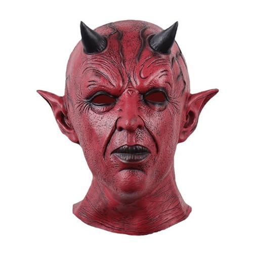 Shienfir Gruseliges Gesicht Kissen Gruseliger Teufel Halloween Cosplay Prop Horror Kopfbedeckung mit Hörnern Latex Party Kostüm Zubehör für Erwachsene Rot von Shienfir