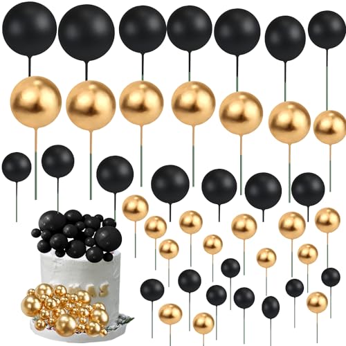 88 Stück schwarze und goldene Mini-Kugel-Kuchenaufsätze, runde Kugel-Kuchenaufsätze, Kuchendekorationen, Mini-Ballons, Stick-Kuchen-Cupcake-Topper für Hochzeit, Babyparty von Shiiyyu