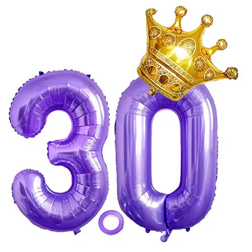 Luftballons Zahl 30, Riesen Folienballon 30, Helium Ballons Krone Luftballons Aufblasbar Gold, Mylar Ballon Zahl 30 Lila für Geburtstag, Jubiläum,Hochzeit Party Deko (XXL 100CM) von Shikuer