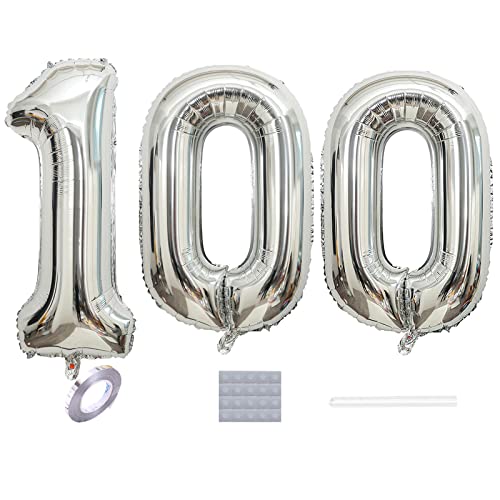 Shikuer Luftballons Zahl 100, Riesen Folienballon Nummer 100 Pink Damen,Luftballons 100. Geburtstagdeko, 40 Zoll Helium Ballons Aufblasbar Zahl 100 Silber für Geburtstag, Hochzeit, Jubiläum XXL von Shikuer