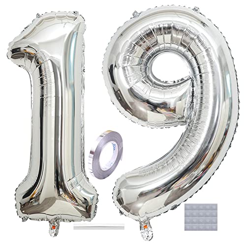 Shikuer Luftballons Zahl 19 Riesen Folienballon Nummer 19 Silber Damen,Luftballons 19. Geburtstagdeko, 40 Zoll Helium Ballons Aufblasbar Zahl 19 Silber für Geburtstag, Hochzeit, Jubiläum XXL von Shikuer