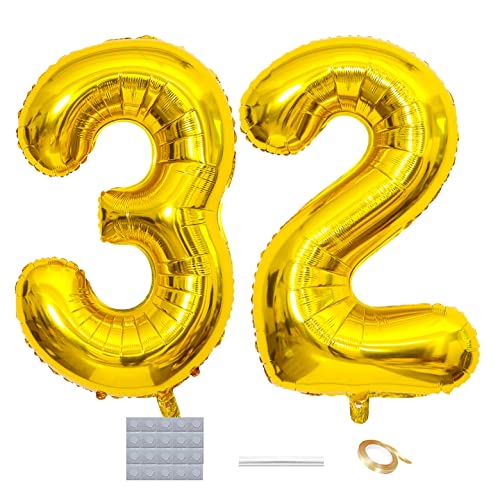 Shikuer Luftballons Zahl 32 Riesen Folienballon Nummer 32 Gold Damen,Luftballons 32. Geburtstagdeko, 40 Zoll Helium Ballons Aufblasbar Zahl 32 Gold für Geburtstag, Hochzeit, Jubiläum XXL von Shikuer