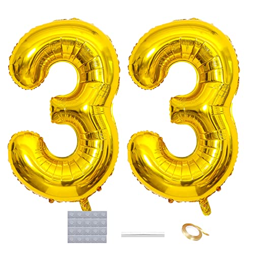 Shikuer Luftballons Zahl 33 Riesen Folienballon Nummer 33 Gold Damen,Luftballons 33. Geburtstagdeko, 40 Zoll Helium Ballons Aufblasbar Zahl 33 Gold für Geburtstag, Hochzeit, Jubiläum XXL von Shikuer