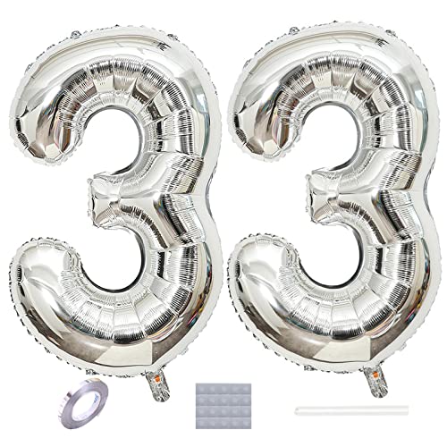 Shikuer Luftballons Zahl 33 Riesen Folienballon Nummer 33 Silber Damen,Luftballons 33. Geburtstagdeko, 40 Zoll Helium Ballons Aufblasbar Zahl 33 Silber für Geburtstag, Hochzeit, Jubiläum XXL von Shikuer