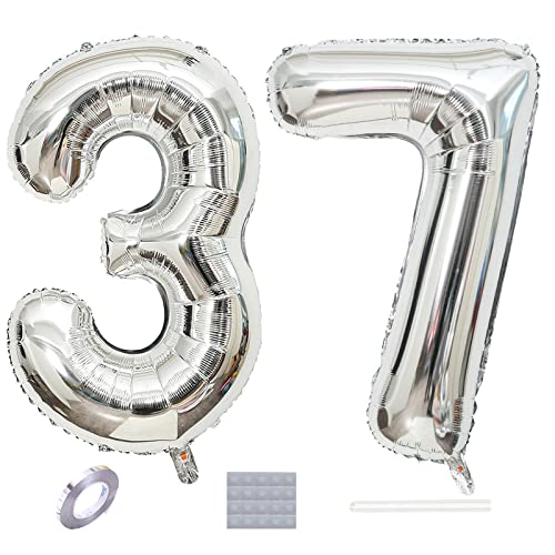 Shikuer Luftballons Zahl 37 Riesen Folienballon Nummer 37 Silber Damen,Luftballons 37. Geburtstagdeko, 40 Zoll Helium Ballons Aufblasbar Zahl 37 Silber für Geburtstag, Hochzeit, Jubiläum XXL von Shikuer