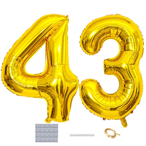 Shikuer Luftballons Zahl 43 Riesen Folienballon Nummer 43 Gold Damen,Luftballons 43. Geburtstagdeko, 40 Zoll Helium Ballons Aufblasbar Zahl 43 Gold für Geburtstag, Hochzeit, Jubiläum XXL von Shikuer