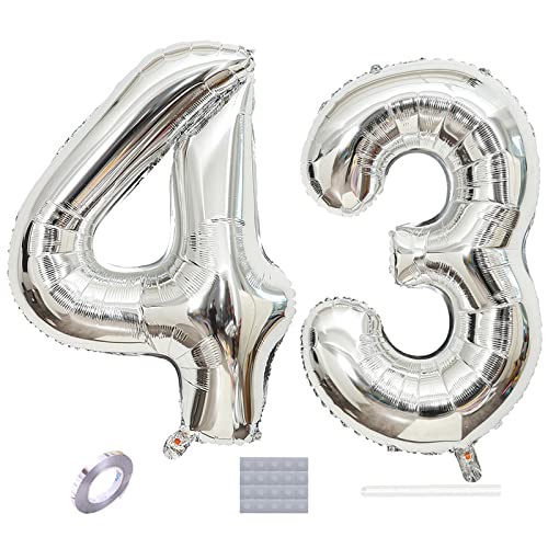 Shikuer Luftballons Zahl 43 Riesen Folienballon Nummer 43 Silber Damen,Luftballons 43. Geburtstagdeko, 40 Zoll Helium Ballons Aufblasbar Zahl 43 Silber für Geburtstag, Hochzeit, Jubiläum XXL von Shikuer