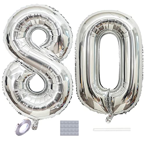 Shikuer Luftballons Zahl 80, Riesen Folienballon Nummer 80 Silber Damen,Luftballons 80. Geburtstagdeko, 40 Zoll Helium Ballons Aufblasbar Zahl 80 Silber für Geburtstag, Hochzeit, Jubiläum XXL von Shikuer