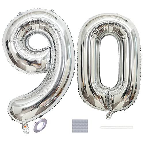 Shikuer Luftballons Zahl 90, Riesen Folienballon Nummer 90 Silber Damen,Luftballons 90. Geburtstagdeko, 40 Zoll Helium Ballons Aufblasbar Zahl 90 Silber für Geburtstag, Hochzeit, Jubiläum XXL von Shikuer