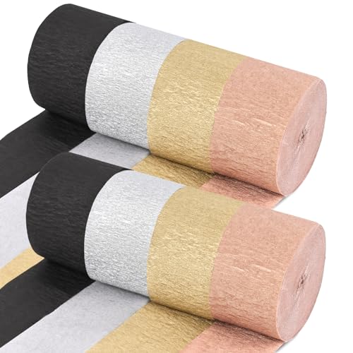 Shindel Krepppapier-Luftschlangen, Schwarz, Gold, Silber, Bronze, Krepppapierrollen, Party-Luftschlangen für Party, Geburtstag, Hochzeit, Dekorationen (4,6 cm x 30,7 m/Rolle), 8 Rollen von Shindel