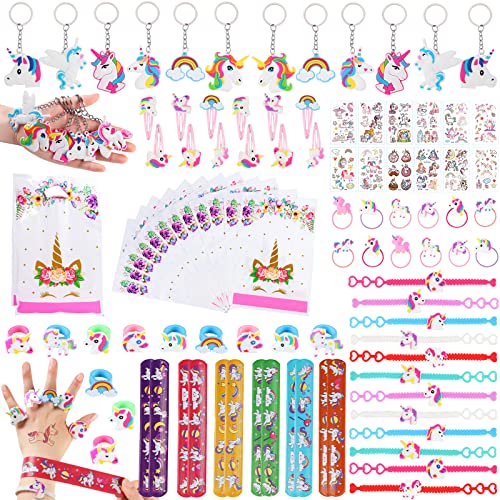 Shinelee 96 Stück Einhorn Mitgebsel Kindergeburtstag Mädchen Einhorn Schnapparmband Ring Schlüsselanhänger Armband Haargummi Haarspangen Tattoos Geschenktüten Einhorn Party Mitgebsel für Kinder von Shinelee