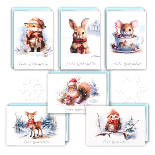 Shining She 18 Weihnachtskarten mit Umschlag Set, A6 Klappkarten Weihnachtskarten Set Frohe Weihnachten Segenswunsch Karten Xmas Aquarell Waldtiere Postkarten Reh Fuchs Hase Eule Eichhörnchen Maus von Shining She