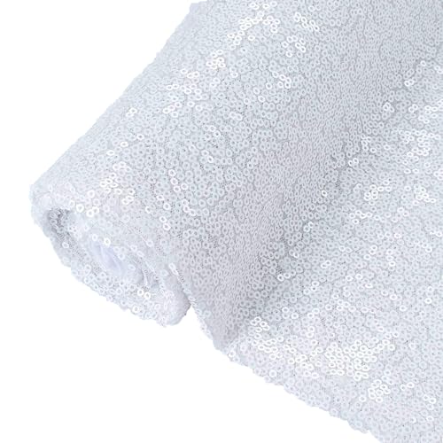 ShinyBeauty Weißer Stoff 200cm Weiß Glänzend Stoff Pailletten Stoff Stretch Paillettenstoff Kleidung Stoff Meterware Memaid Stoff Nähen Stoff für Hochzeit Hintergrund Home Decor Glitzer Tischdecke von ShinyBeauty