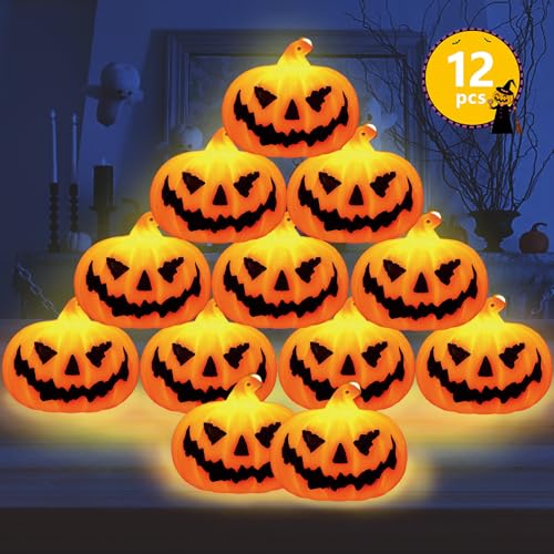 Shinybox 12 Stück Halloween Kürbis Lichter, Herbstdeko Kürbis mit LED Licht, Halloween Deko Licht, Halloween Laterne Outdoor mit LED Kerze für Herbstdeko, Innen Außenlaterne Halloween Dekorationen von Shinybox