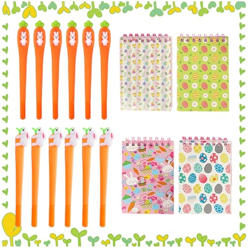 Shinybox 12 Stück Ostern Karottenstift Gel Tintenstift RollerBall Pen und 4 Stück Ostern Haftnotizen, Ostern Schreibstifte Häschen-Gel-Tintenstift für Kinder Party Gastgeschenk für Büro Schule Hause von Shinybox