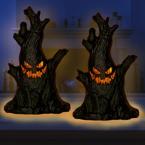 Shinybox 2 Stück Halloween Deko Kerzenlaterne, Halloween Geist Baum Lichter, Halloween Laterne Outdoor mit LED Kerze für Halloween, Weihnachten, Innen Außenlaterne Halloween Dekorationen von Shinybox