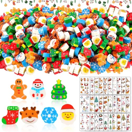 Shinybox 230 Stück Weihnachten Radiergummi Kinder Set, 200 Stück Weihnachten Radiergummi + 30 Stück Weihnachts Tattoo Aufkleber, Cartoon Weihnachten Kinder Radierer, Kinder Mitgebsel Geschenk Spiele von Shinybox