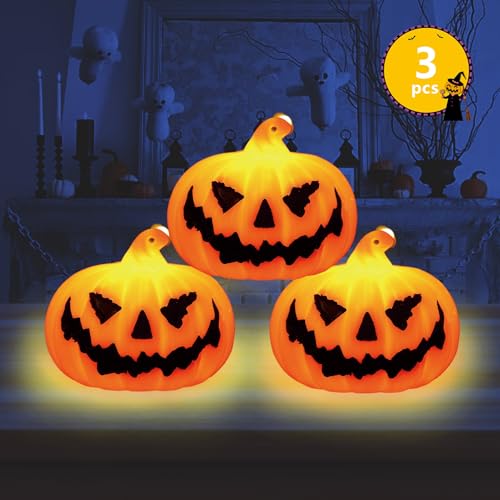 Shinybox 3 Stück Halloween Kürbis Lichter, Herbstdeko Kürbis mit LED Licht, Halloween Deko Licht, Halloween Laterne Outdoor mit LED Kerze für Herbstdeko, Innen Außenlaterne Halloween Dekorationen von Shinybox