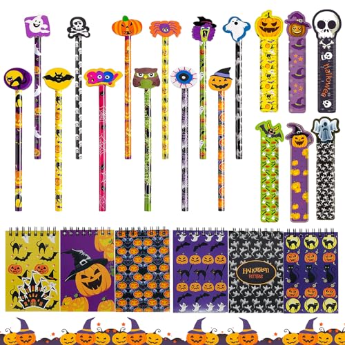 Shinybox 36 Stück Schule HB Stifte Set, 12 Halloween Bleistifte+12 Radiergummis +6 Kinderlineal+6 Haftnotizen, Bleistifte Kinder Stifte Halloween, Halloween Kinder Party Mitgebsel Gastgeschenk von Shinybox