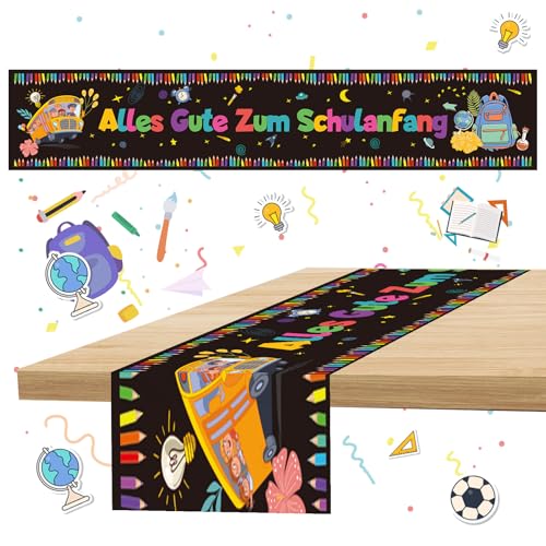 Shinybox Alles Gute Zum Schulanfang Tischdecken, Schulanfang Deko Wiederverwendbare Tischläufer, Schulanfang Tischdekoration, Schuleinführung Schulstart Party Dekoration 183 x 33cm(Schwarz) von Shinybox