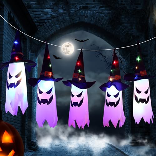 Shinybox Halloween Lampe, 5 Stück Hängende Geister mit Hexenhut, Halloween-Deko Garten Outdoor mit LED, Hängend Leuchtend Geist Hexenhut Halloween Deko Garten, Halloween Party Garten Dekoration von Shinybox