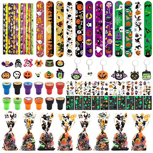 Shinybox Halloween Mitgebsel Kinder, 98STK Halloween Kindergeburtstag Mitgebsel Junge Mädchen, Schnapparmbänder Tattoos Schlüsselanhänger Stempel, Halloween Partytütenfüller für Kinder von Shinybox