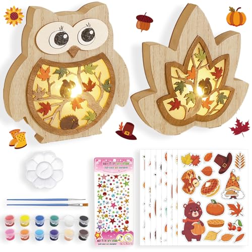 Shinybox Herbstdeko Lampe, 3D Holz LED Dekoration Laterne, 2 Stück DIY Herbst Dekoration mit 8 Herbstlichen Aufklebern + 12 Farben der Farbe, Herbst Holz Ornament für Party Erntedankfest Innen Deko(C) von Shinybox