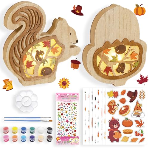 Shinybox Herbstdeko Lampe, 3D Holz LED Dekoration Laterne, 2 Stück DIY Herbst Dekoration mit 8 Herbstlichen Aufklebern + 12 Farben der Farbe, Herbst Holz Ornament für Party Erntedankfest Innen Deko(A) von Shinybox